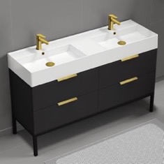 56 inch Double Floating Bathroom Vanity With White Ceramic Sink Top - Matte Black, Free Standing, Gold Handles